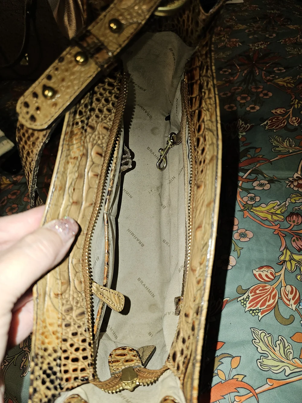 Brahmin Croc-Embossed Tan Satchel with Gold Plaque